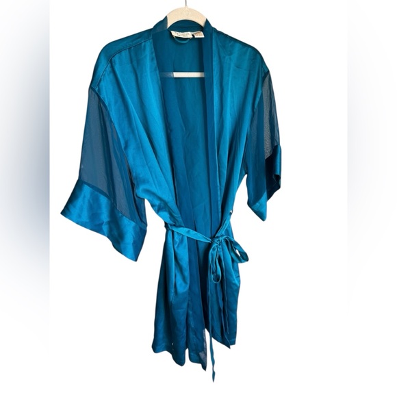 Victoria's Secret Other - Vintage Victoria’s Secret Satin Sheer Robe Blue 90s Kimono Tie Waist OS